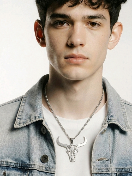 Other - Silver Bull Skull Necklace Laser Cut Steer Head Pendant 24" Chain Sleek Western